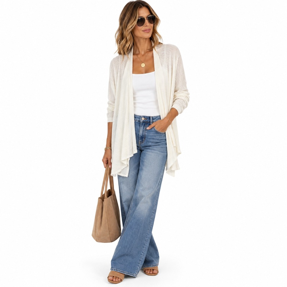 Eileen Fisher Woman Cardigan Womens 2X White Linen Open Front Draped Lagenlook